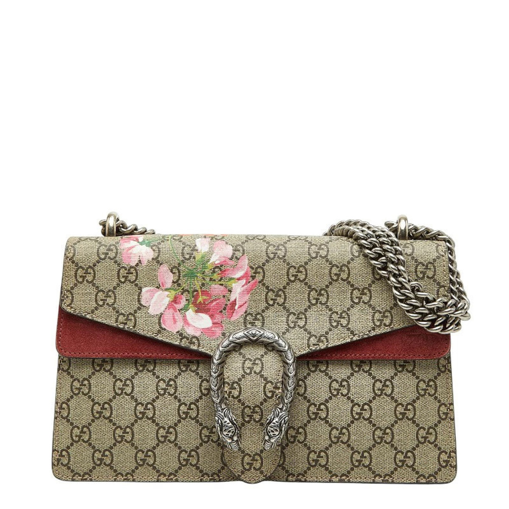 Gucci GG Supreme Blooms Dionysus Chain Shoulder Bag Beige Cream Red Suede